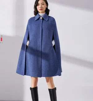 A-Line Cloak Waist Belt Wool Cape Coat Jacket Buttons 3622