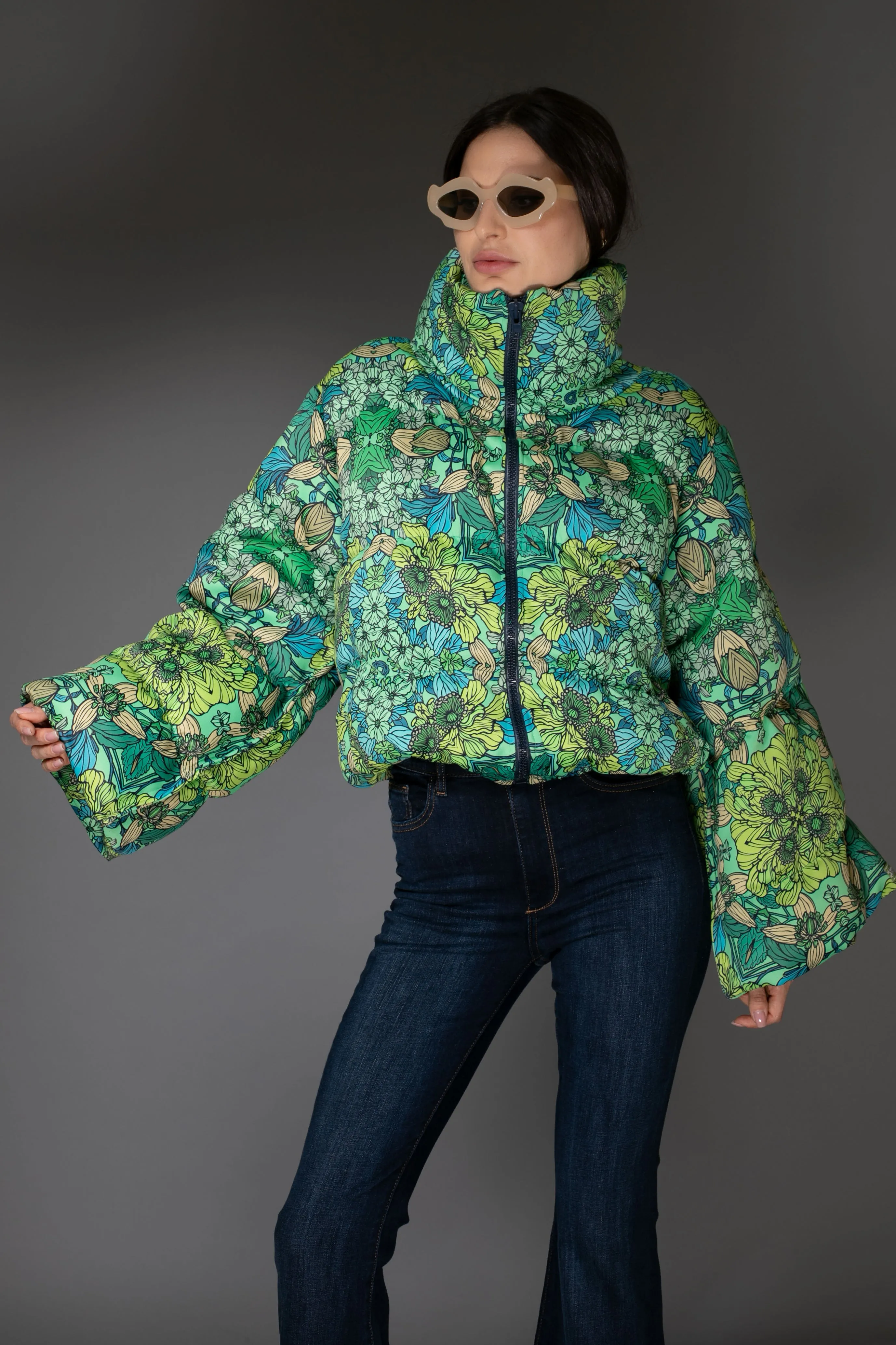 AW Jacket - Mint Green Floral Printed Puffer