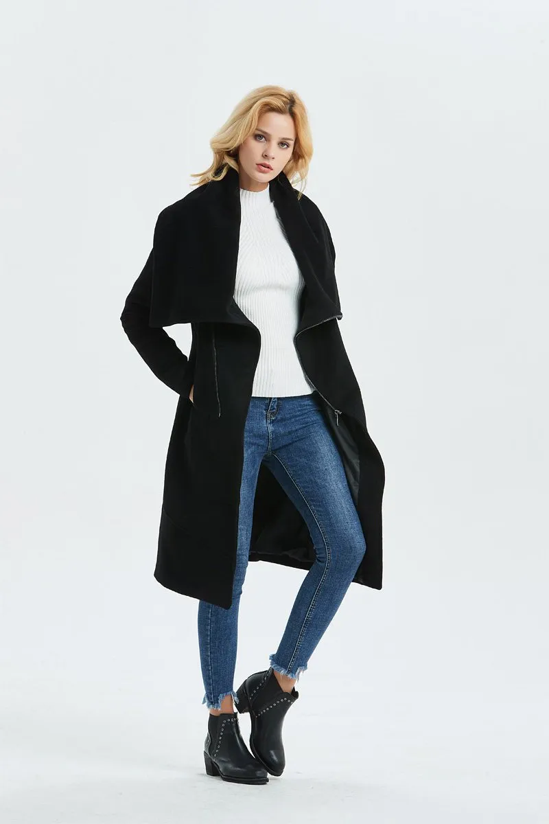 Black Asymmetrical Warm Wool Coat C1327