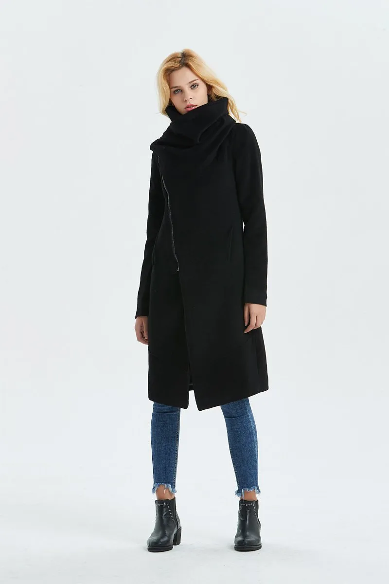 Black Asymmetrical Warm Wool Coat C1327