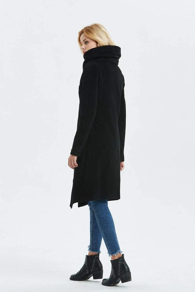 Black Asymmetrical Warm Wool Coat C1327