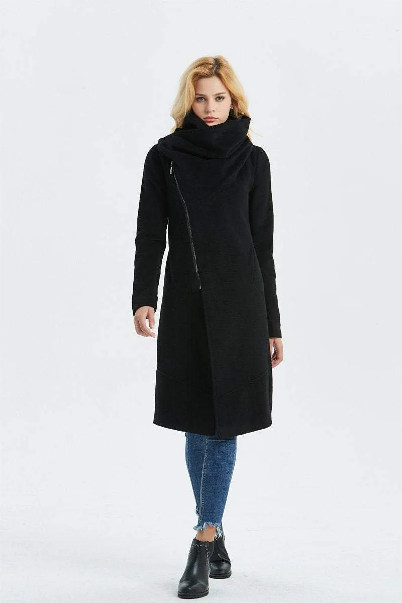 Black Asymmetrical Warm Wool Coat C1327