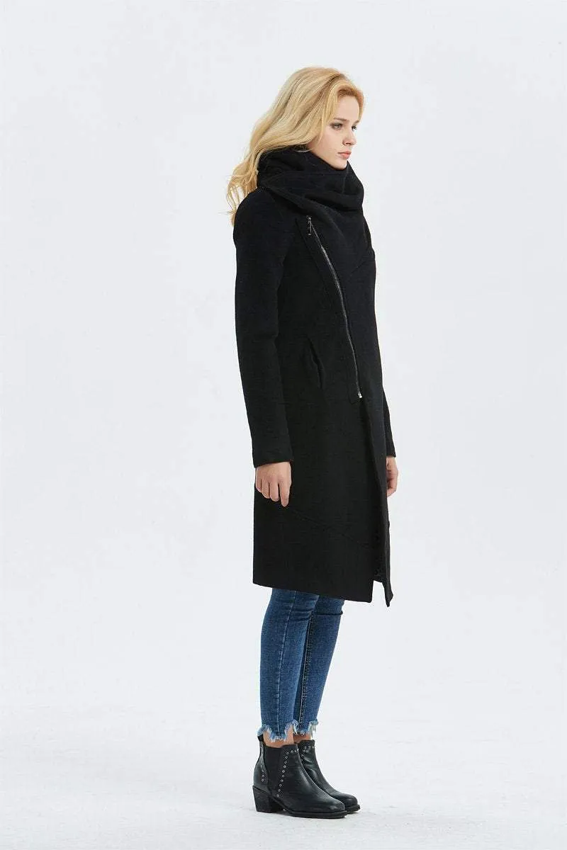 Black Asymmetrical Warm Wool Coat C1327