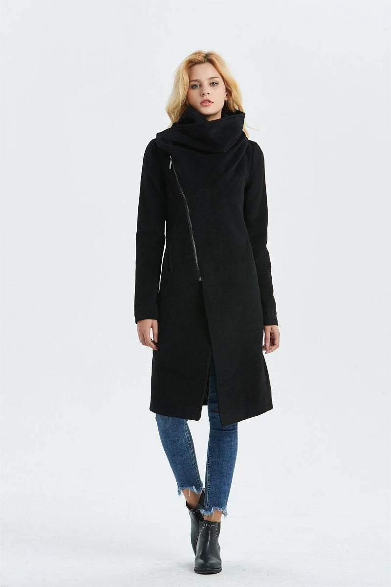 Black Asymmetrical Warm Wool Coat C1327