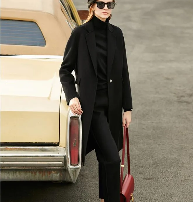 Black Women Winter Double Face Wool Coat Long Wool Coat Jacket 20032