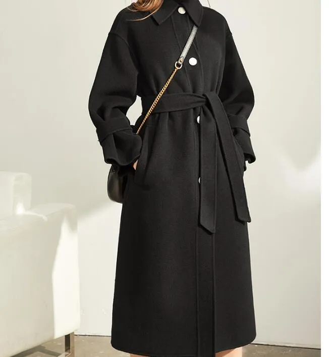 Black Woolen Winter Coat, Long Women Handmade Wool Coat Jacket/0022