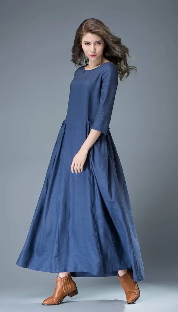 Blue linen tent dress C803