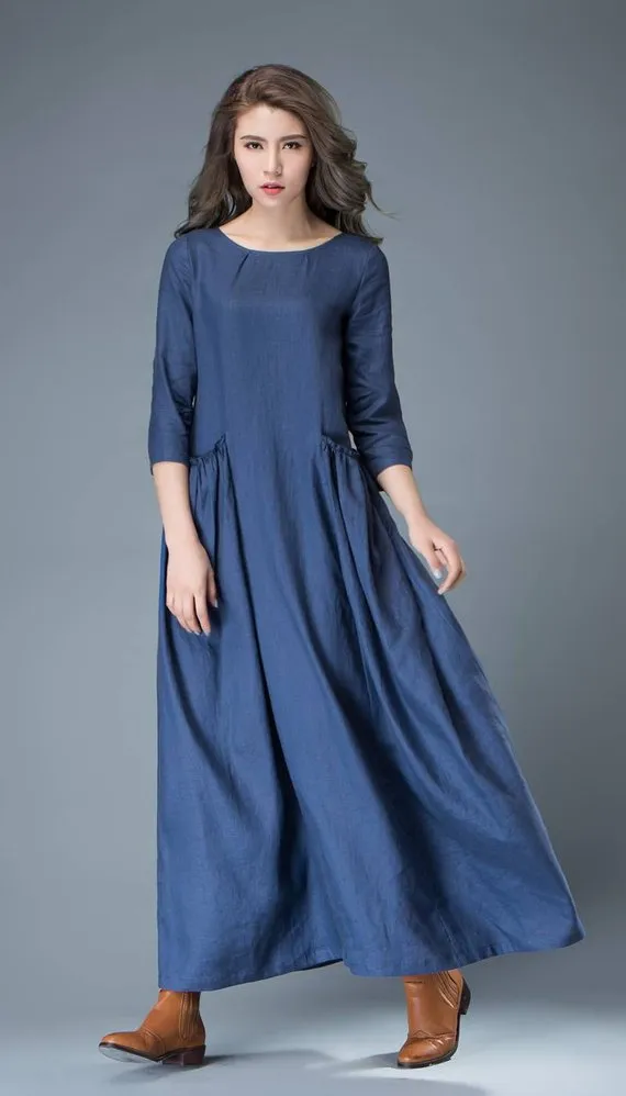 Blue linen tent dress C803