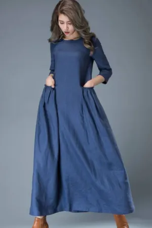 Blue linen tent dress C803