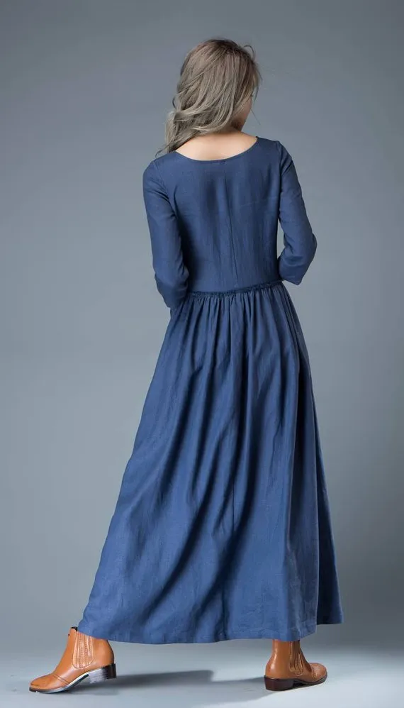 Blue linen tent dress C803