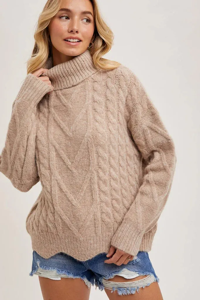 Bluivy Turtle Neck Cable Knit Scallop Hem Sweater