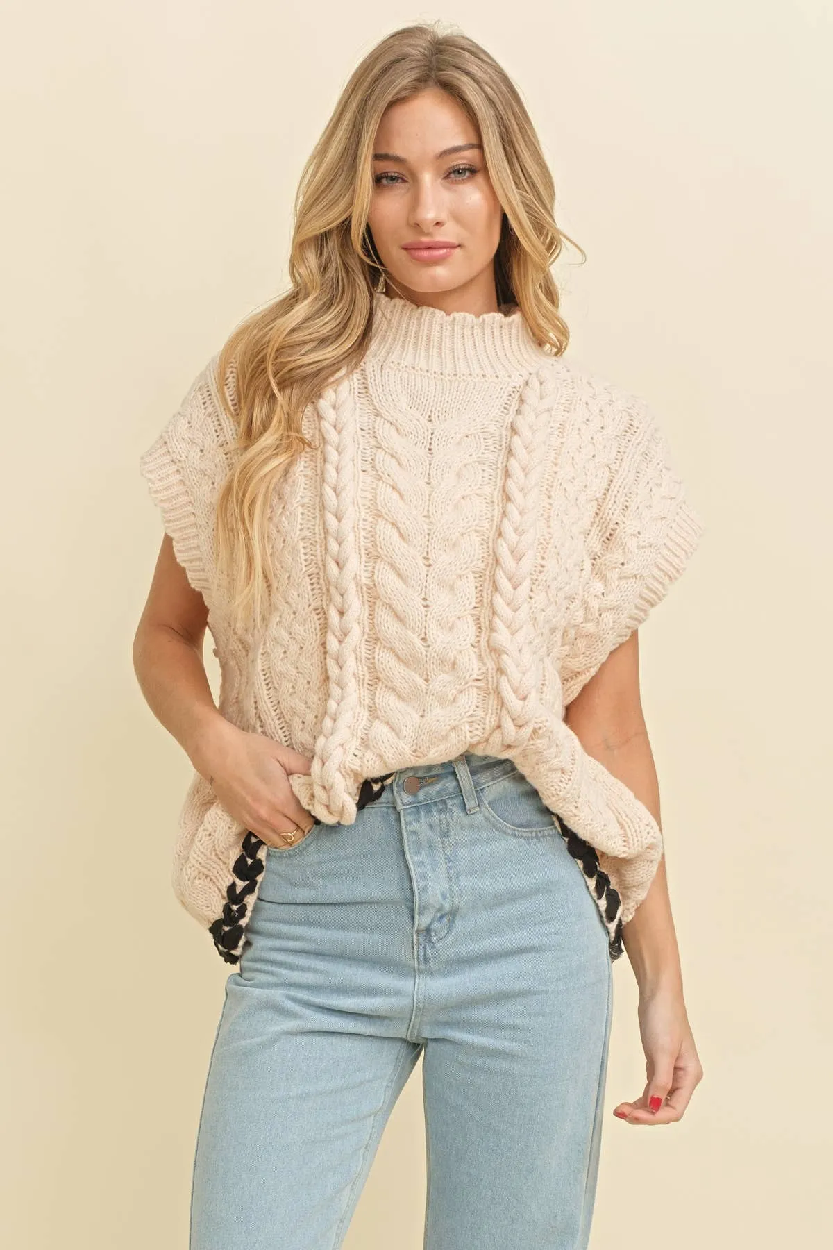 Cable Knit Satin Contrast Stitch Sweater