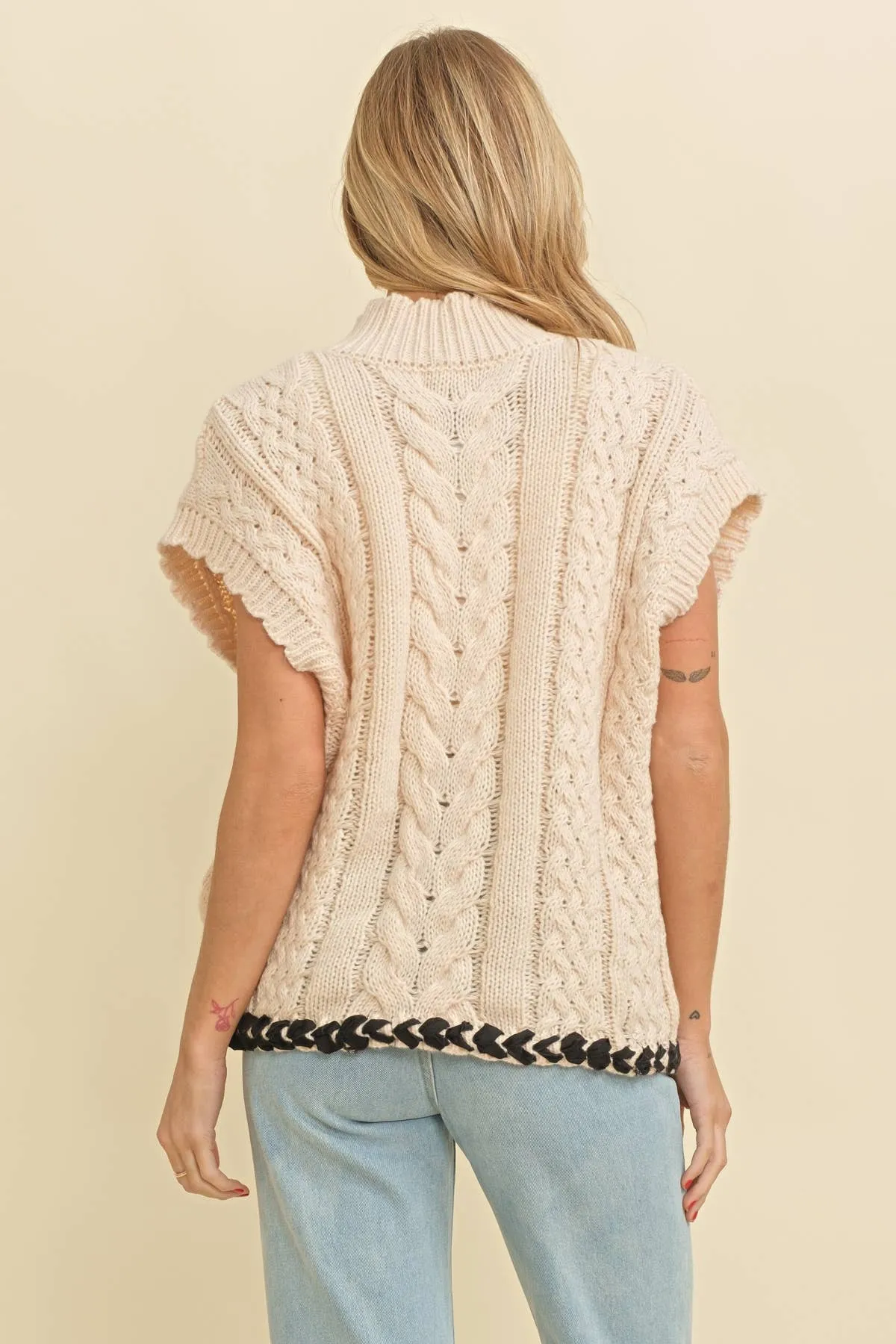 Cable Knit Satin Contrast Stitch Sweater