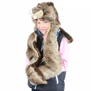 Childrens Deluxe Beaver Hat With Attached Scarf & Mittens