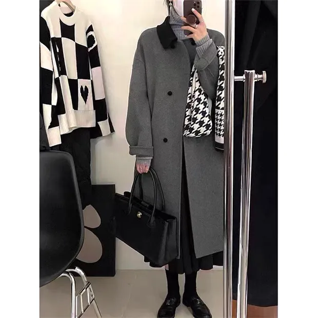 Contrast Collar 100% Double-Faced Wool Long Coat 🐏