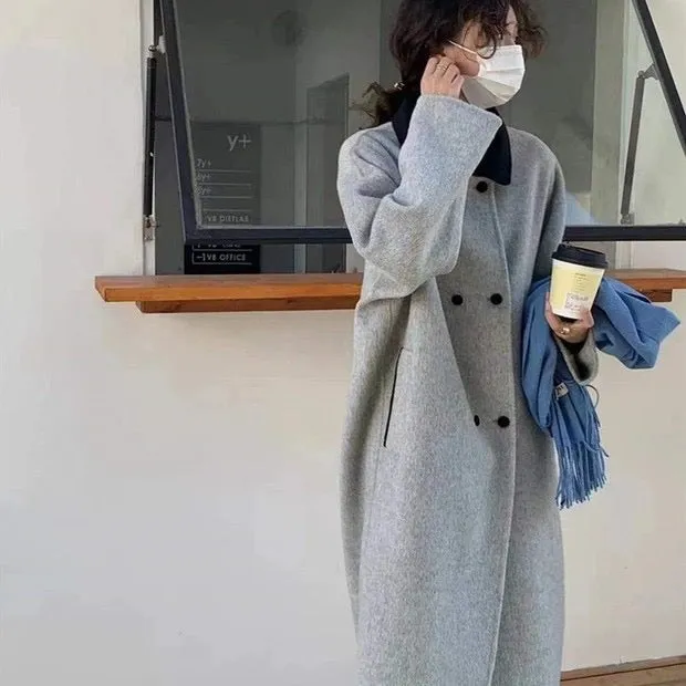 Contrast Collar 100% Double-Faced Wool Long Coat 🐏