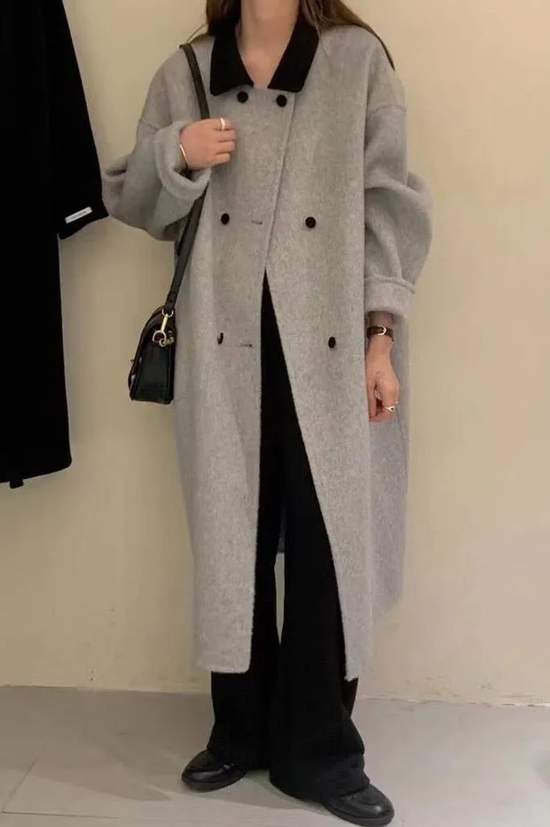 Contrast Collar 100% Double-Faced Wool Long Coat 🐏