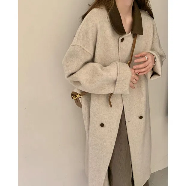 Contrast Collar 100% Double-Faced Wool Long Coat 🐏