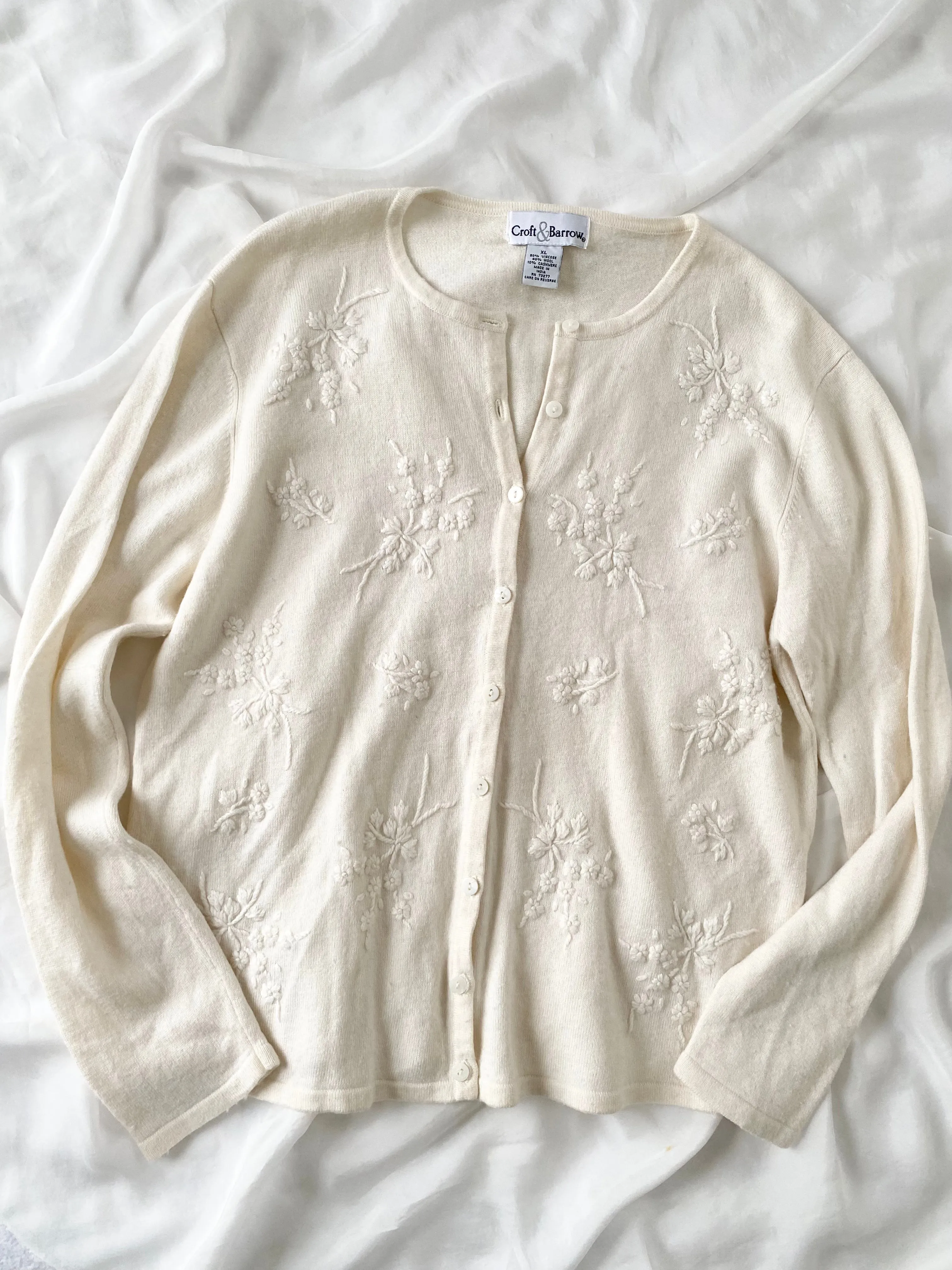 Cream Cashmere Wool Blend Bouquet Cardigan (XL)