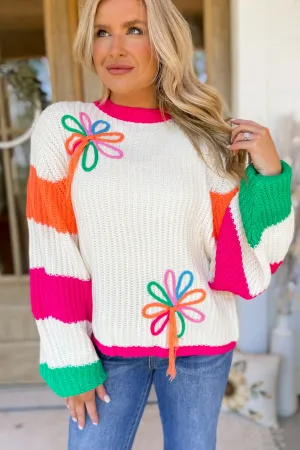 Danica 3D Flower Embellished Chunky Multi Striped Balloon Sleeve Sweater *FINAL SALE*