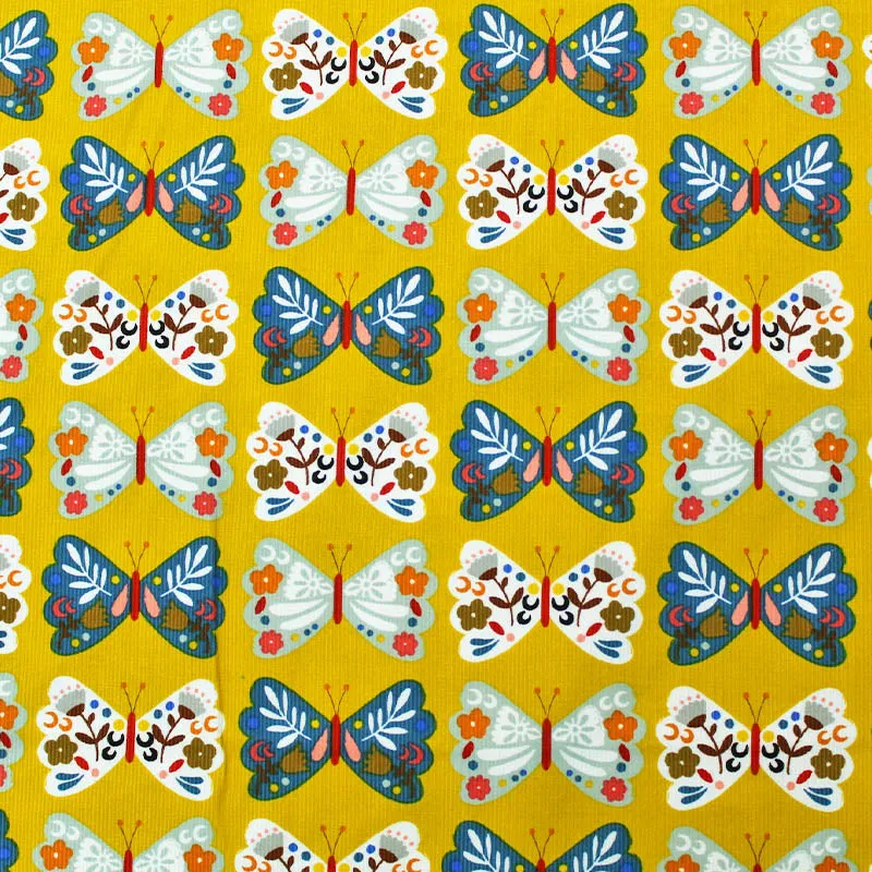 Dressmaking Needlecord - Yellow - Fluttering Butterfly