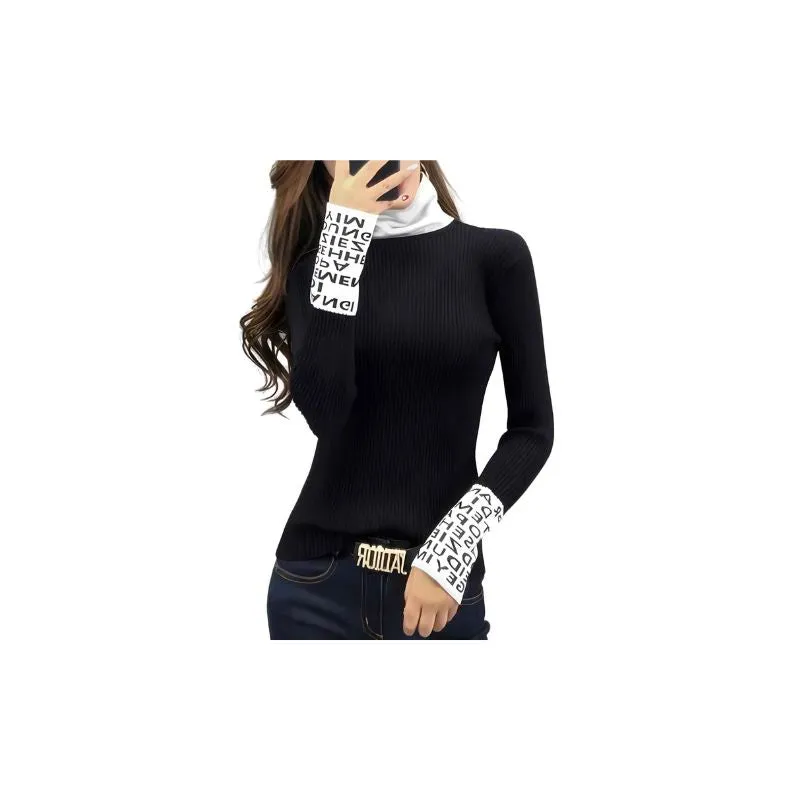 Fancy Knit Black Turtleneck Women Sweater