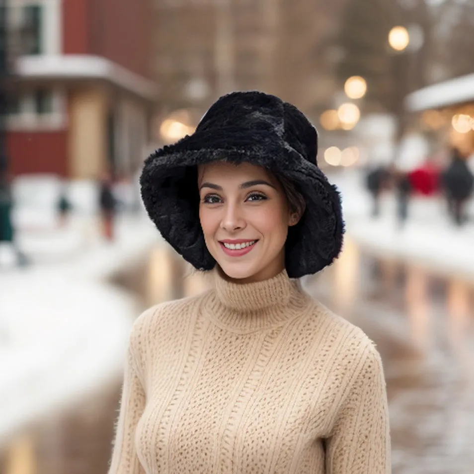 Faux Fur Bucket Hat - Black