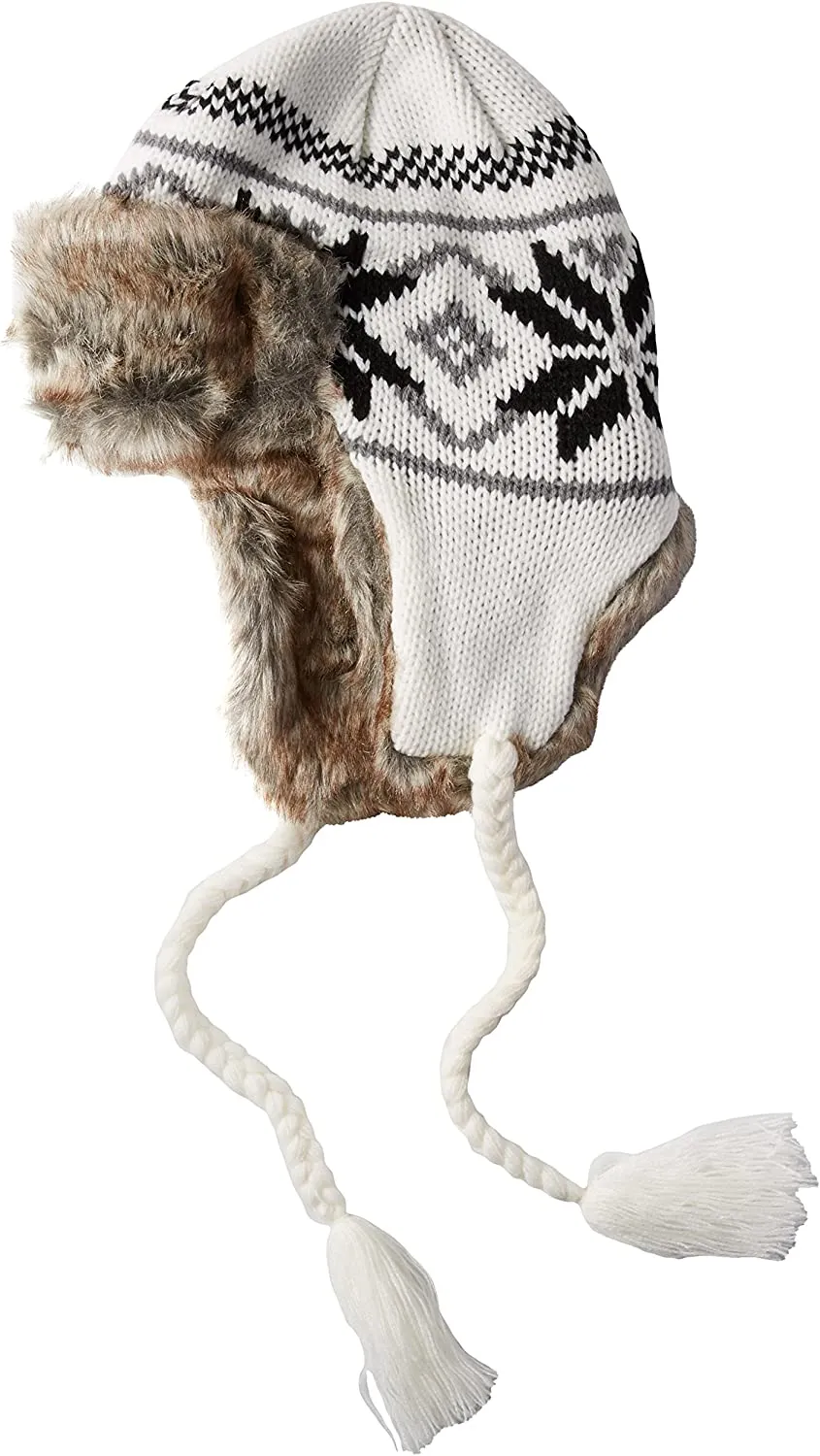 Faux Fur Knitted Winter Hat with Tassels - Ivory Combo