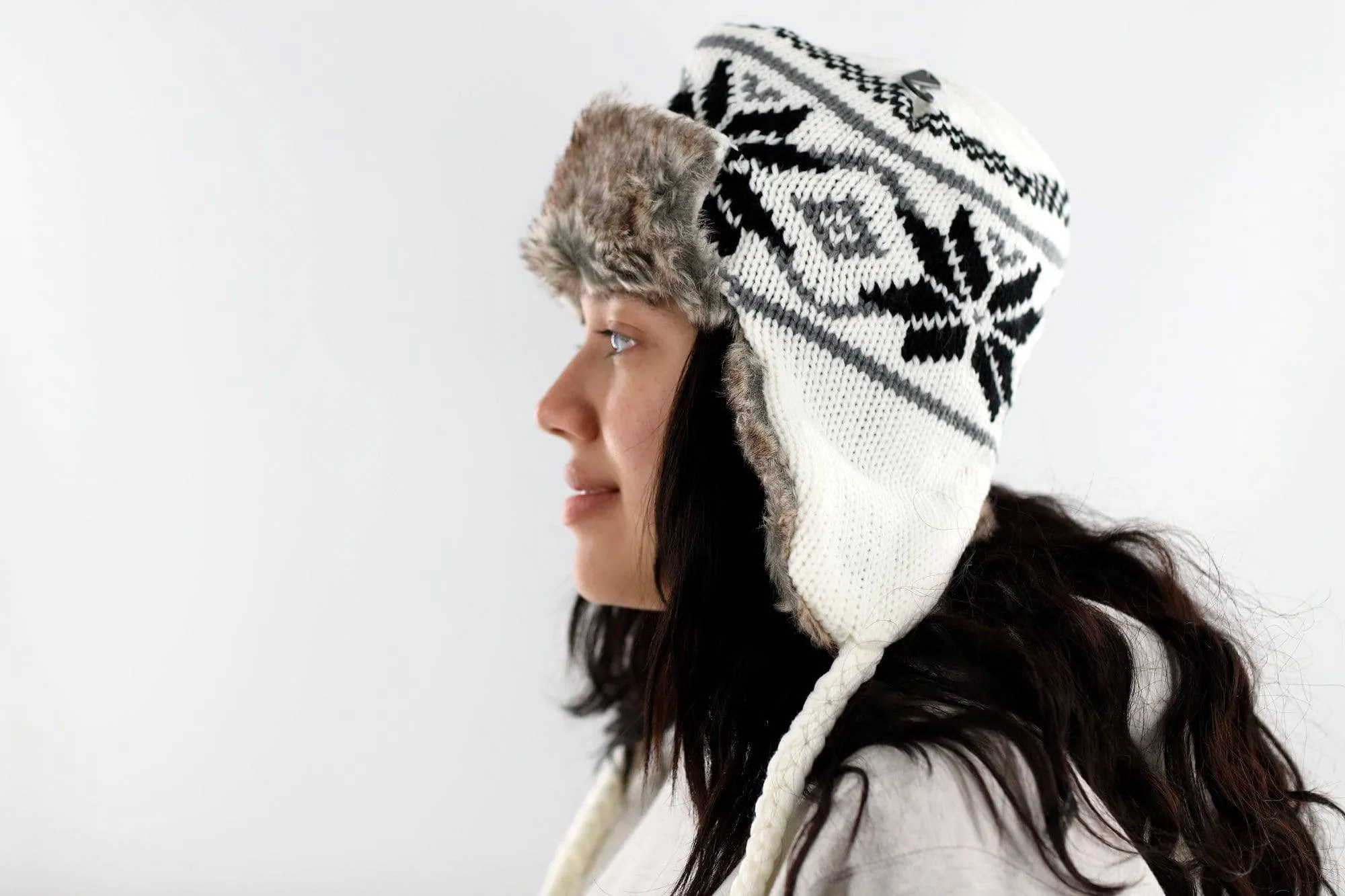 Faux Fur Knitted Winter Hat with Tassels - Ivory Combo