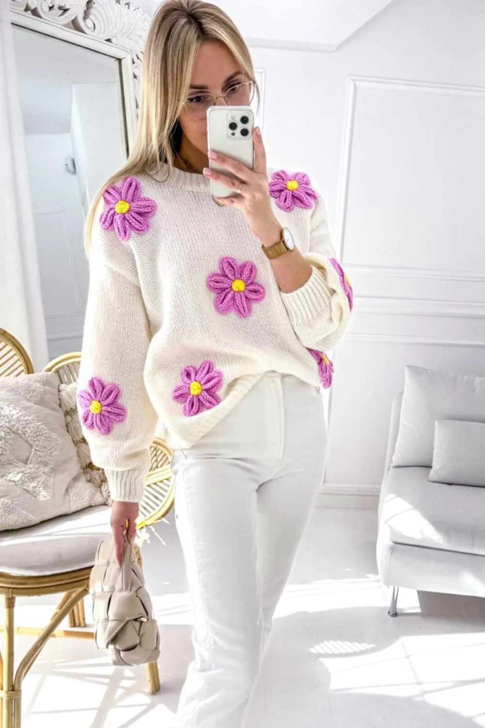 Floral Crochet Chunky Knit Sweater