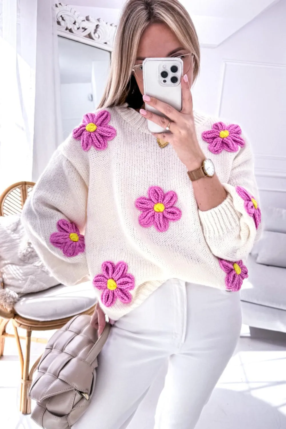 Floral Crochet Chunky Knit Sweater