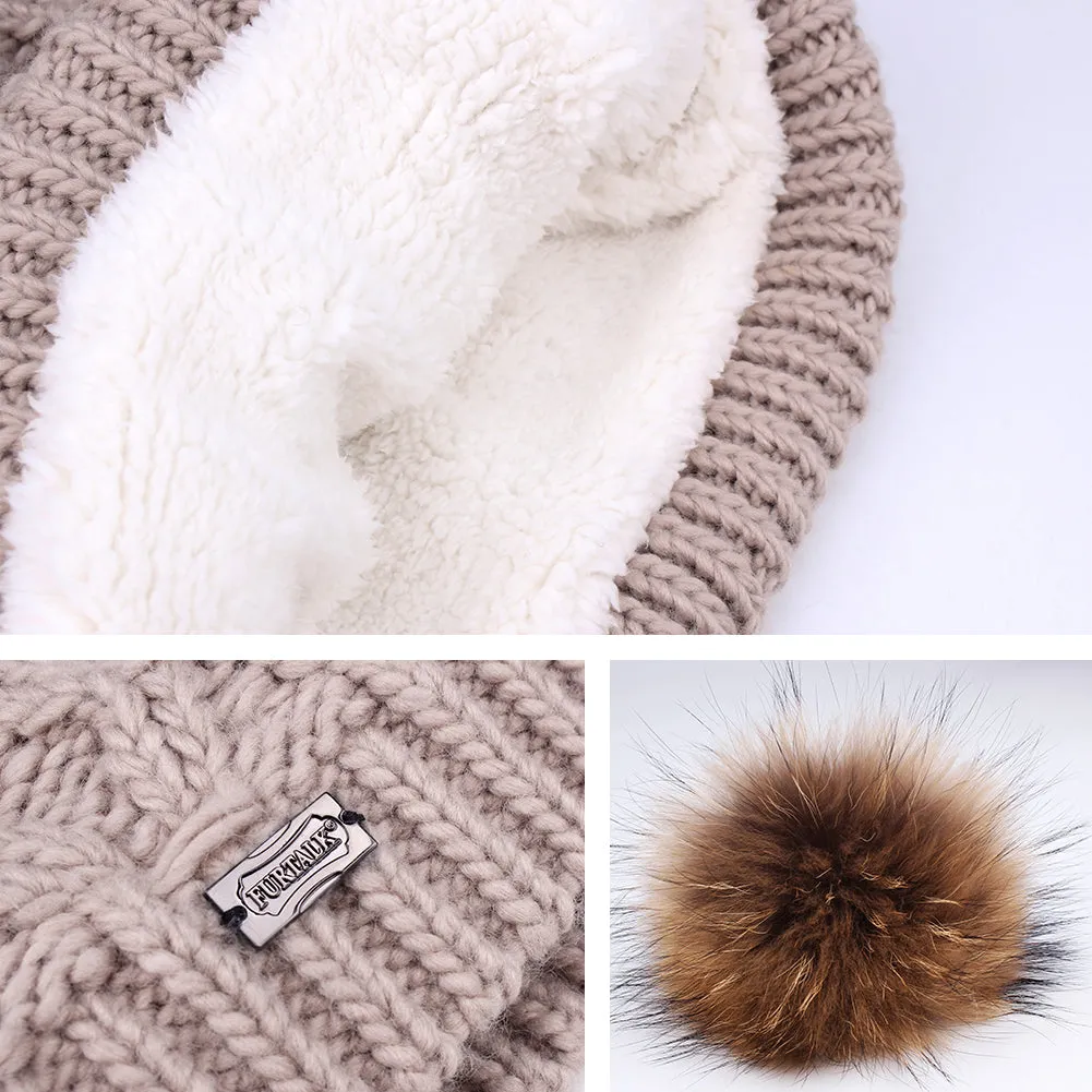 FURTALK Kids Winter Real Fur Pom Pom Hat Scarf Set Diamond pattern Drop Shipping SFFW032