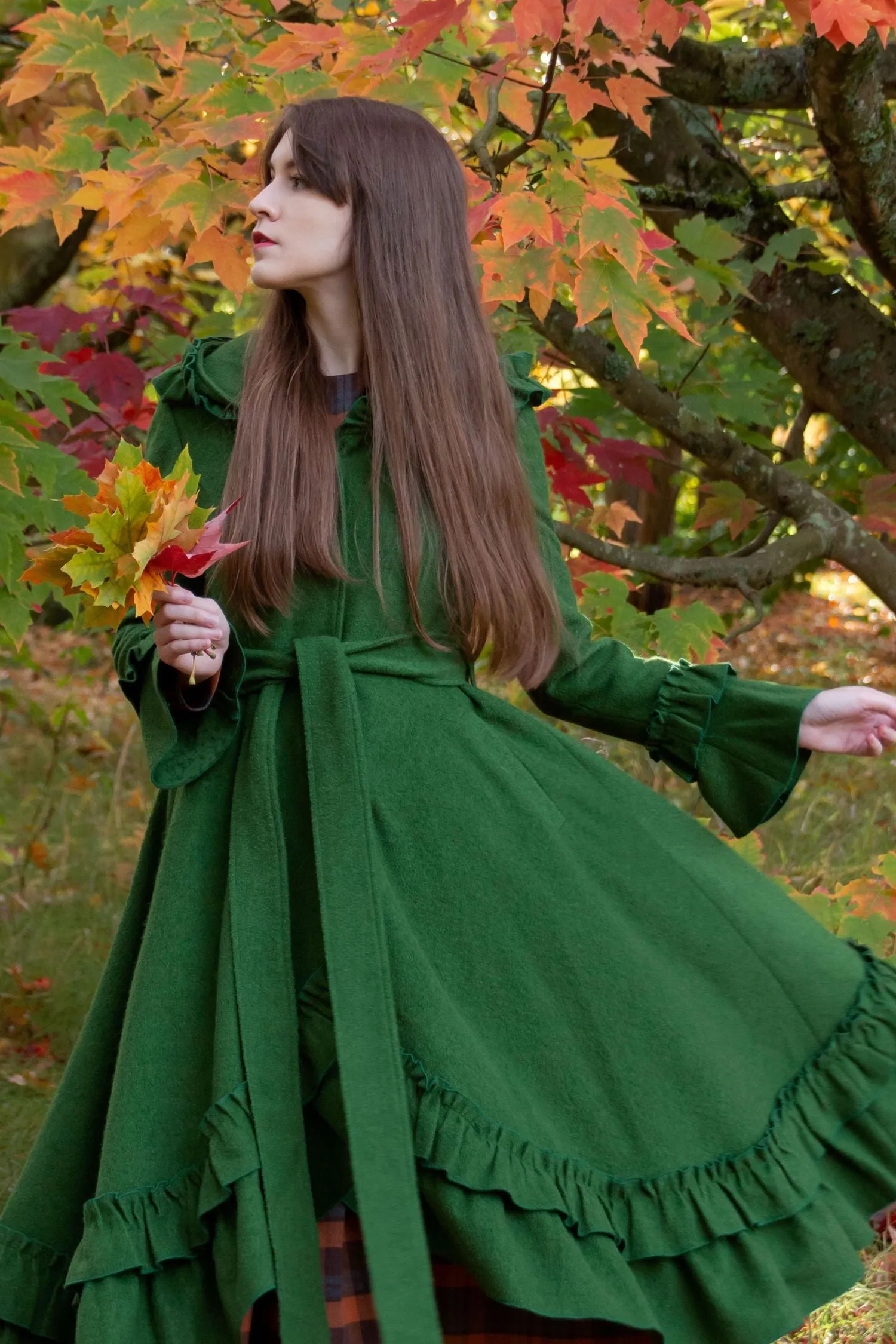 Green Hooded Swing Wool Coat 4046