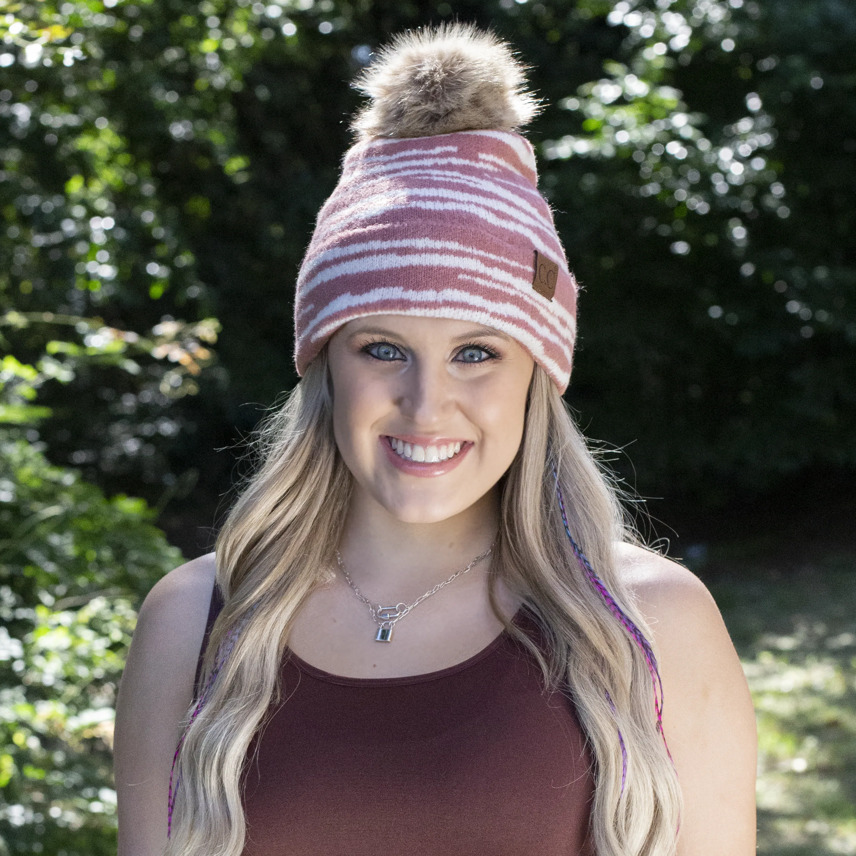 HAT-3607 Zebra Stripe Beanie w/Faux Fur Pom Mauve