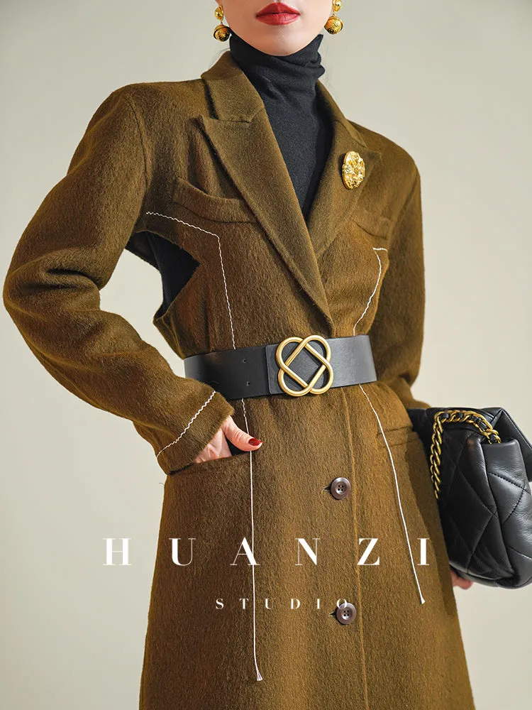 Huanzi  new high-end color waist sheep wool double-sided woolen coat- JJ