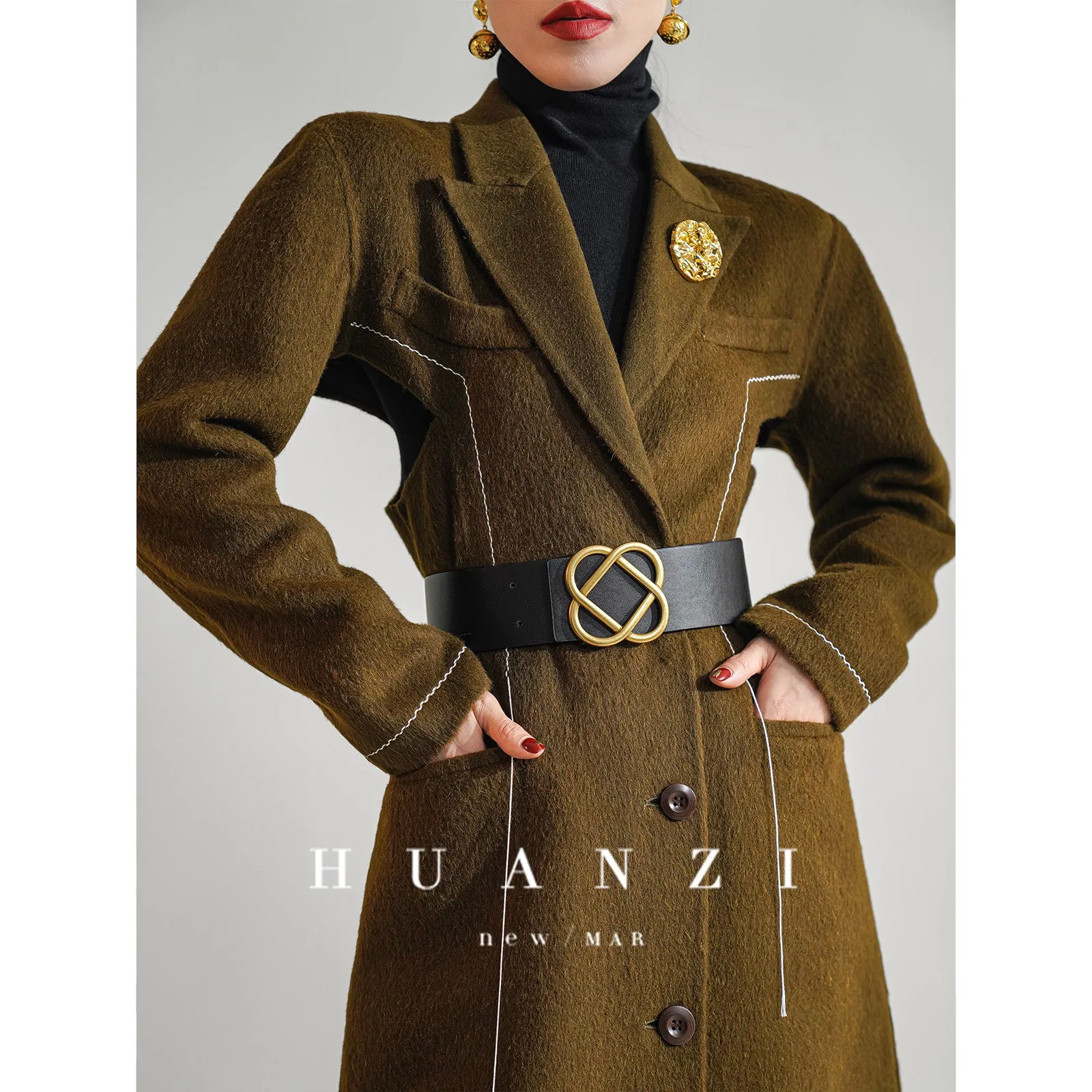 Huanzi  new high-end color waist sheep wool double-sided woolen coat- JJ