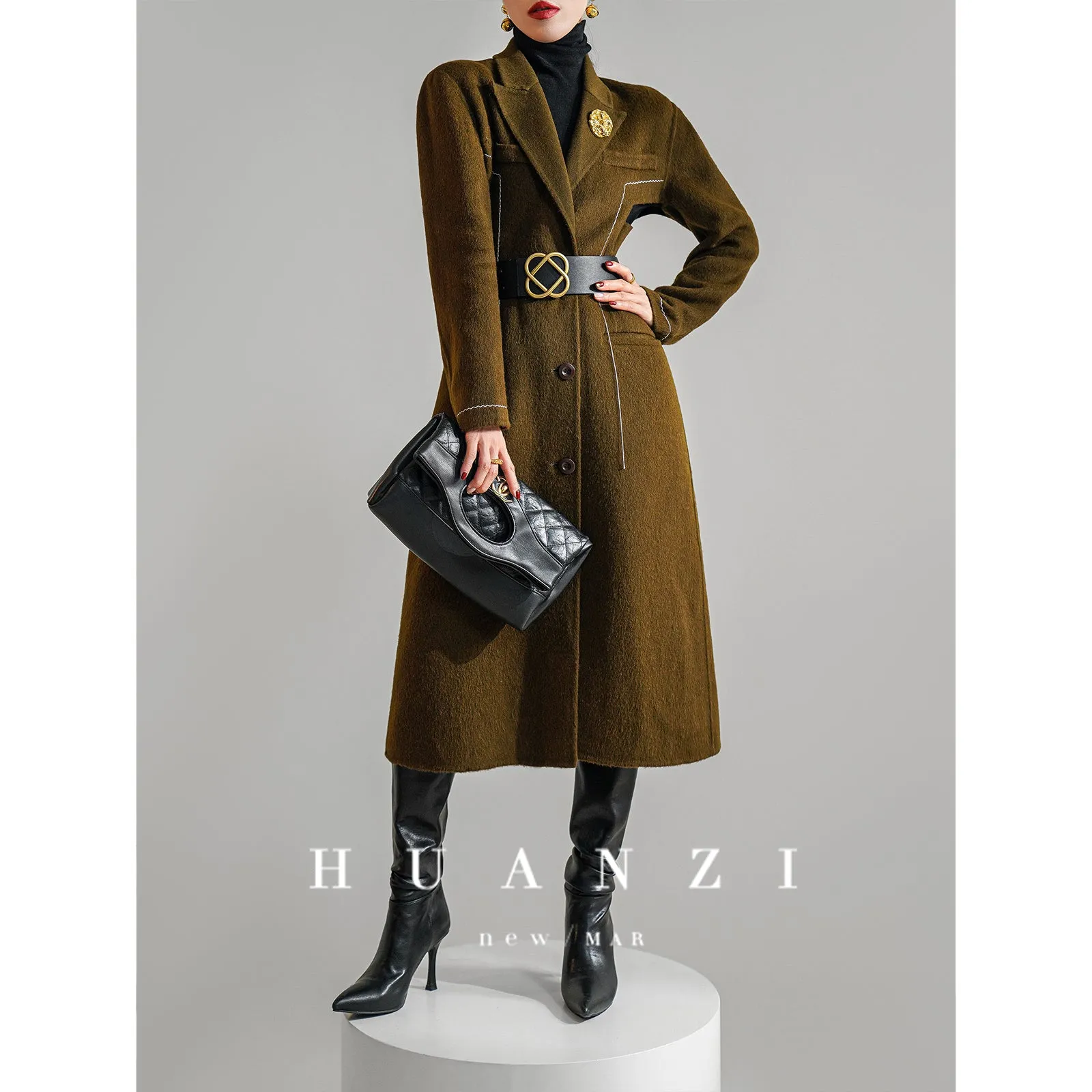 Huanzi  new high-end color waist sheep wool double-sided woolen coat- JJ