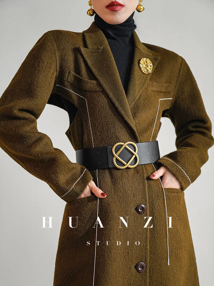 Huanzi  new high-end color waist sheep wool double-sided woolen coat- JJ