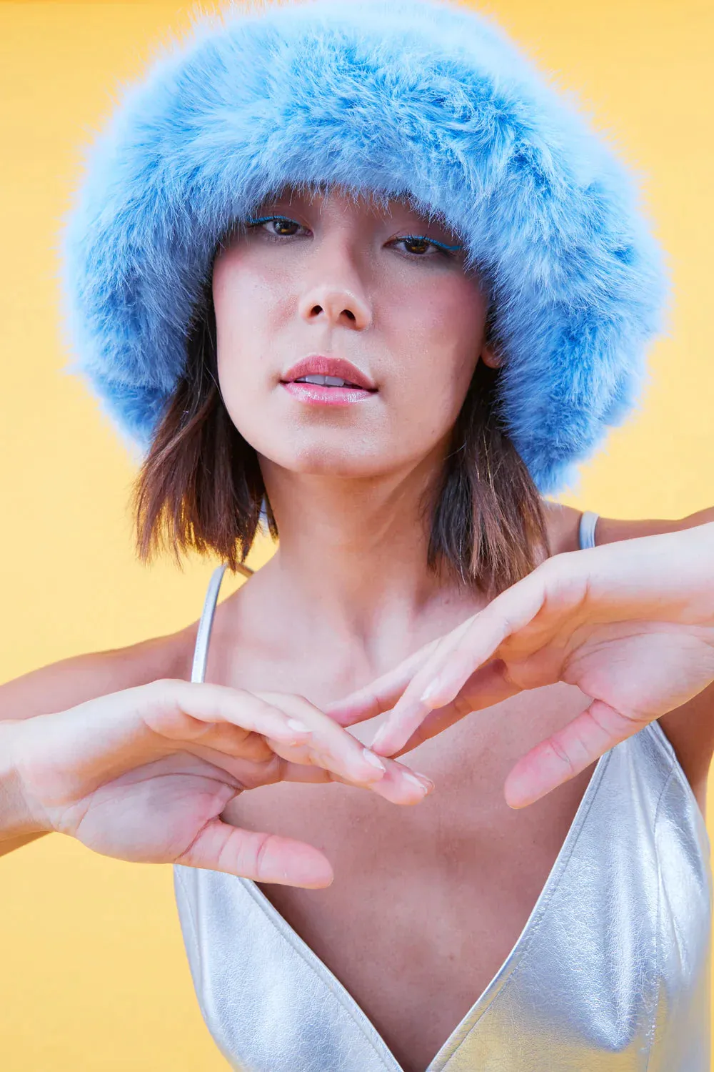 Ladies Light Blue Eco Bamboo Faux Fur Bucket Hat