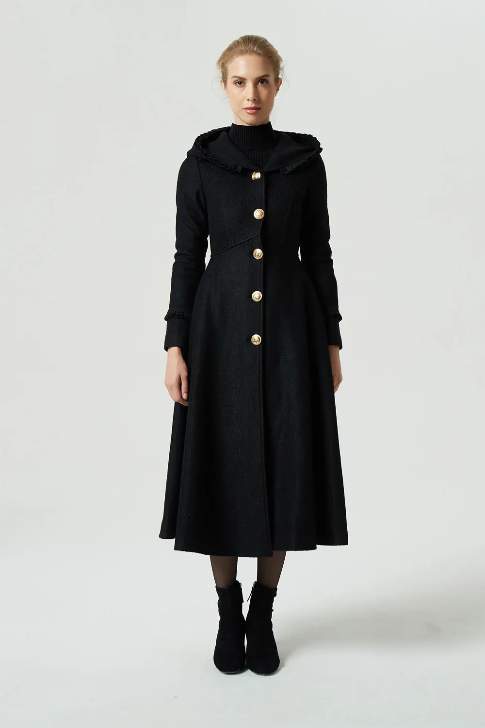 long black hooded coat with ruffle details 1959#