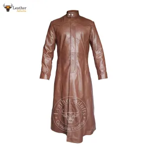 Mens Brown Cowhide Leather Goth Long Coat Steampunk Gothic Van Helsing Matrix Trench Coat