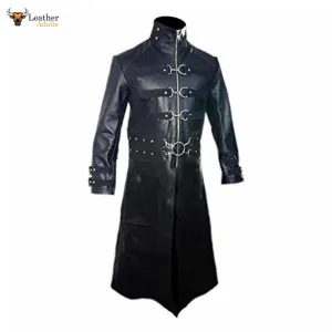 Mens Real Black Leather Goth Matrix Trench Coat Steampunk Gothic Van Helsing T21