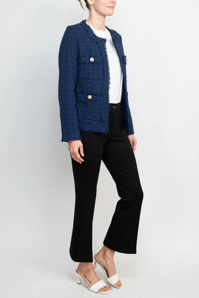 Nanette Nanette Lepore open front long sleeve tweed jacket with pockets with mid waist straight ponte pant