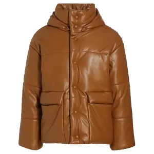 Puffer Leather Bomber Jacket in Brown - Leather Down Jacket