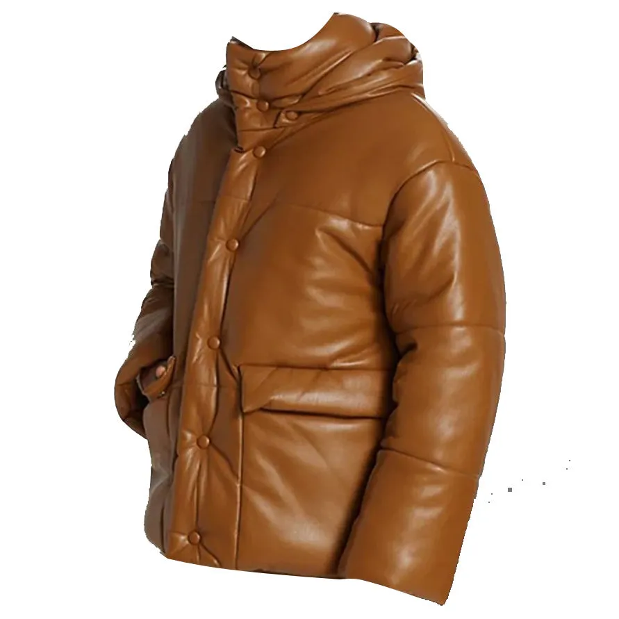 Puffer Leather Bomber Jacket in Brown - Leather Down Jacket