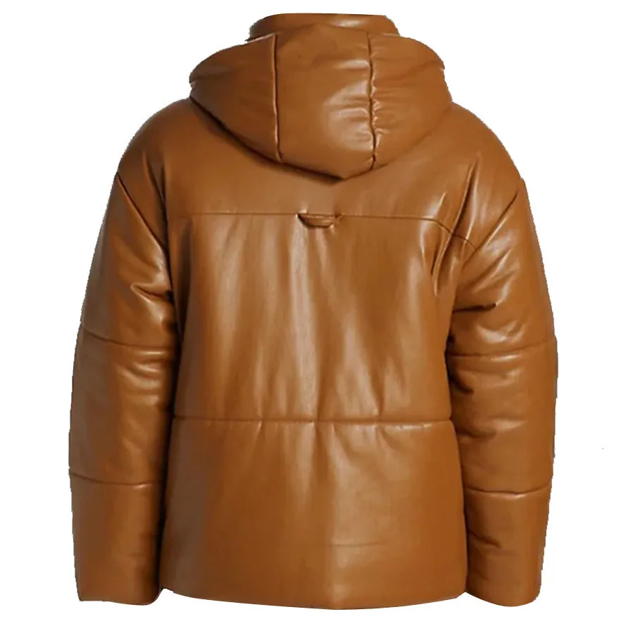 Puffer Leather Bomber Jacket in Brown - Leather Down Jacket