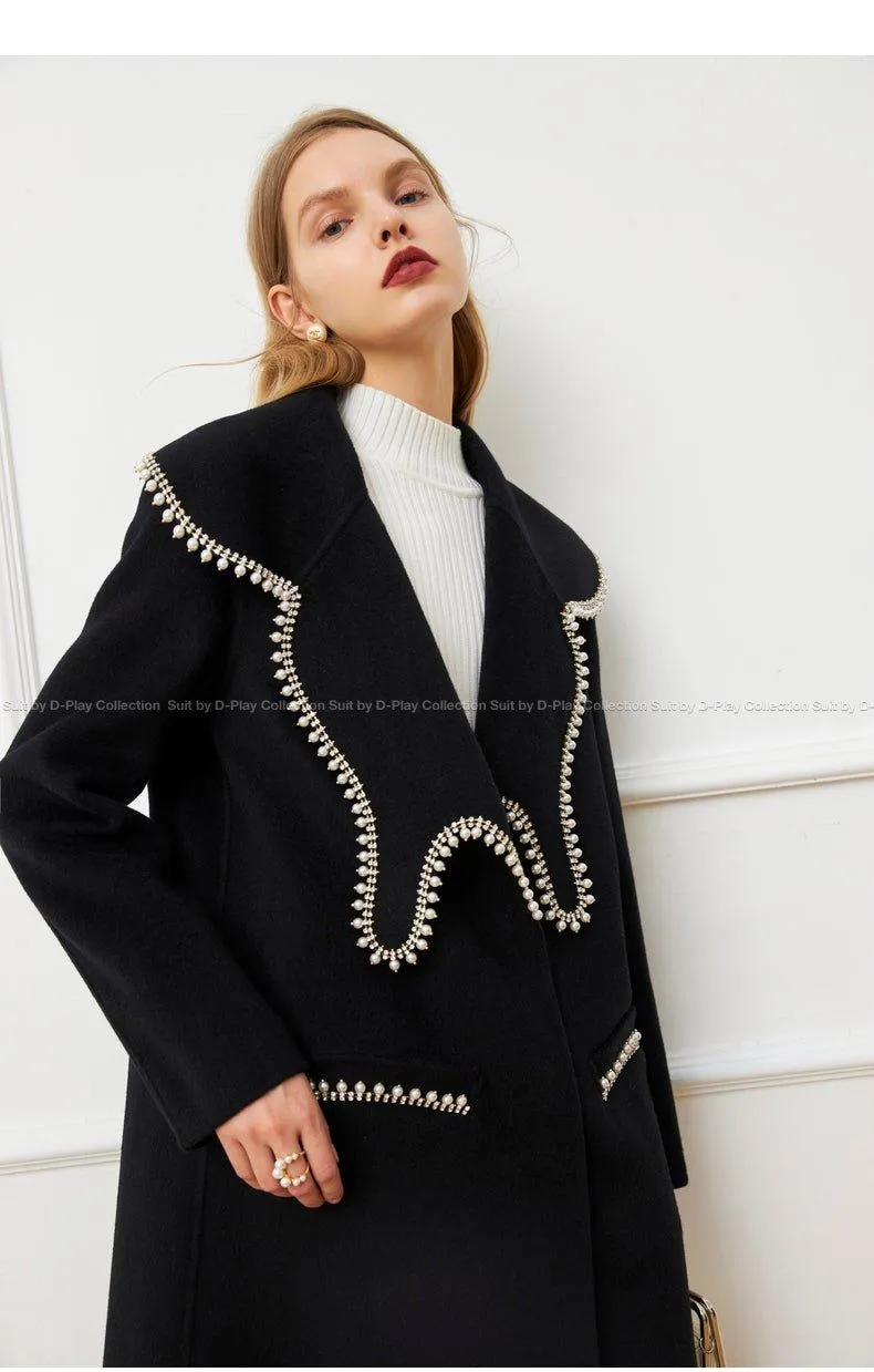 Quick Ship : DPLAY Fall Winter Black Pearl Collar 100% Wool Reversible Jacket coat - Usi