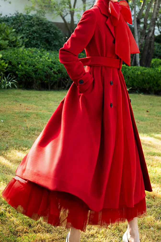 Red Belt Long Wool Coat 3737