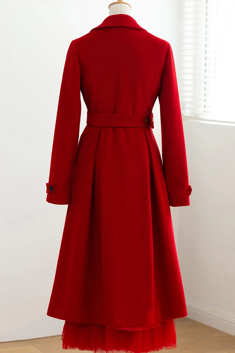 Red Belt Long Wool Coat 3737