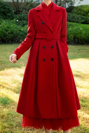 Red Belt Long Wool Coat 3737